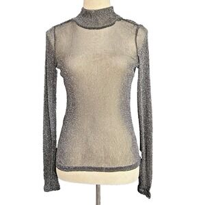 Vintage XOXO Sheer Mesh Mock Neck LS Shirt Black Silver Lurex  Women's Y2K M